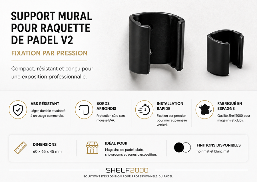 Infographie du support mural pour raquette de padel V2 en ABS, avec fixation par pression, bords arrondis, dimensions et finitions disponibles.